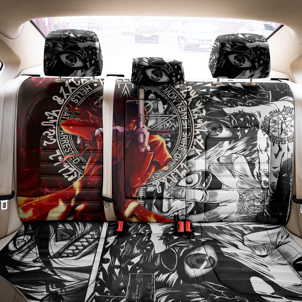 Alucard Hellsing Manga Collage Black and Red Design Back Car Seat Cover with Gun Pose and Symbolic Silhouettes - The Mazicc