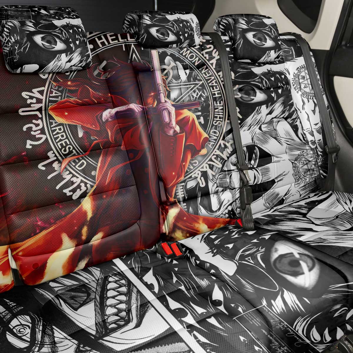 Alucard Hellsing Manga Collage Black and Red Design Back Car Seat Cover with Gun Pose and Symbolic Silhouettes - The Mazicc