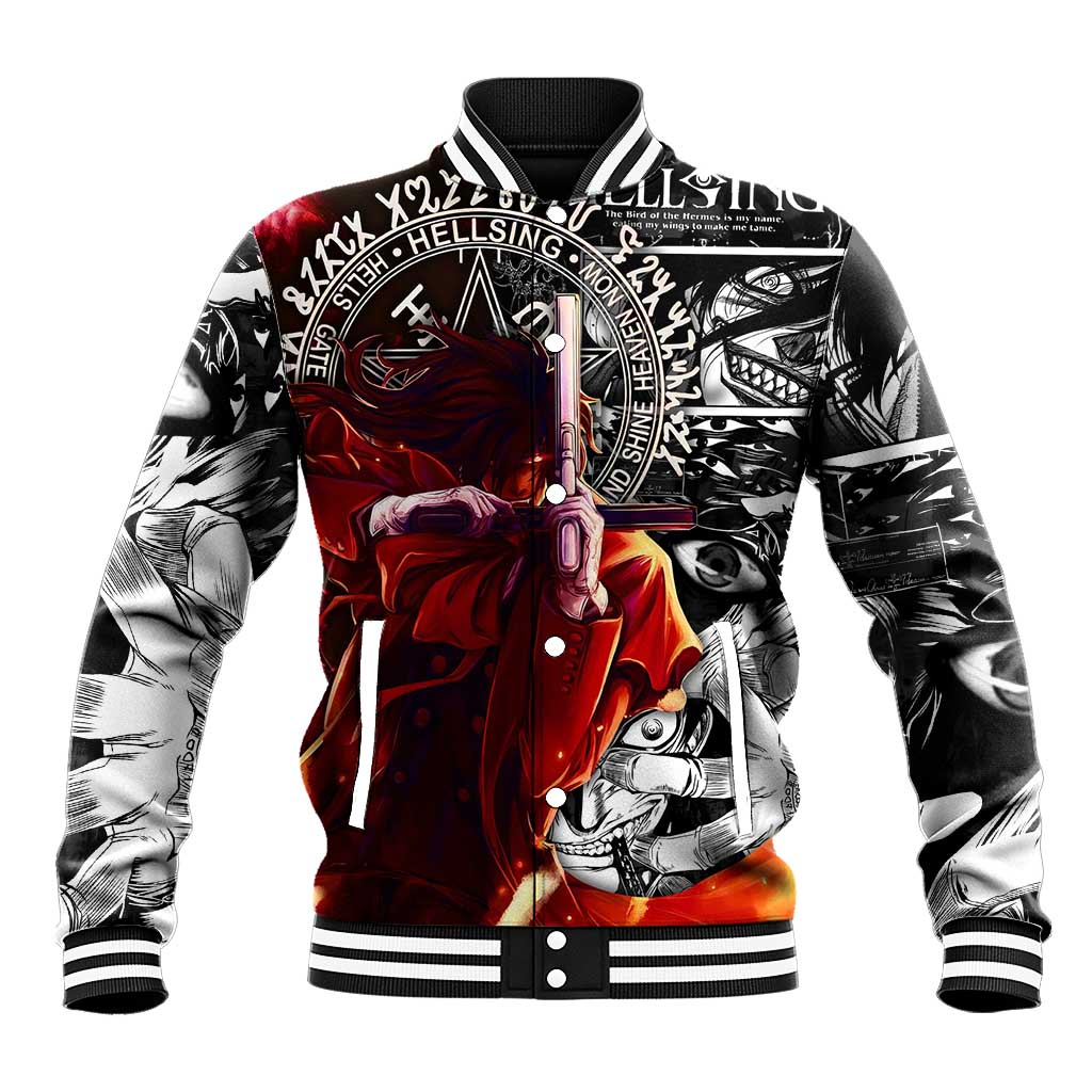 Alucard Hellsing Manga Collage Black and Red Design Baseball Jacket with Gun Pose and Symbolic Silhouettes - The Mazicc
