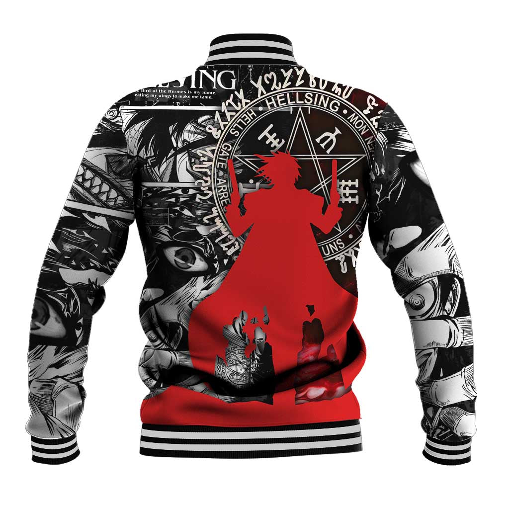 Alucard Hellsing Manga Collage Black and Red Design Baseball Jacket with Gun Pose and Symbolic Silhouettes - The Mazicc