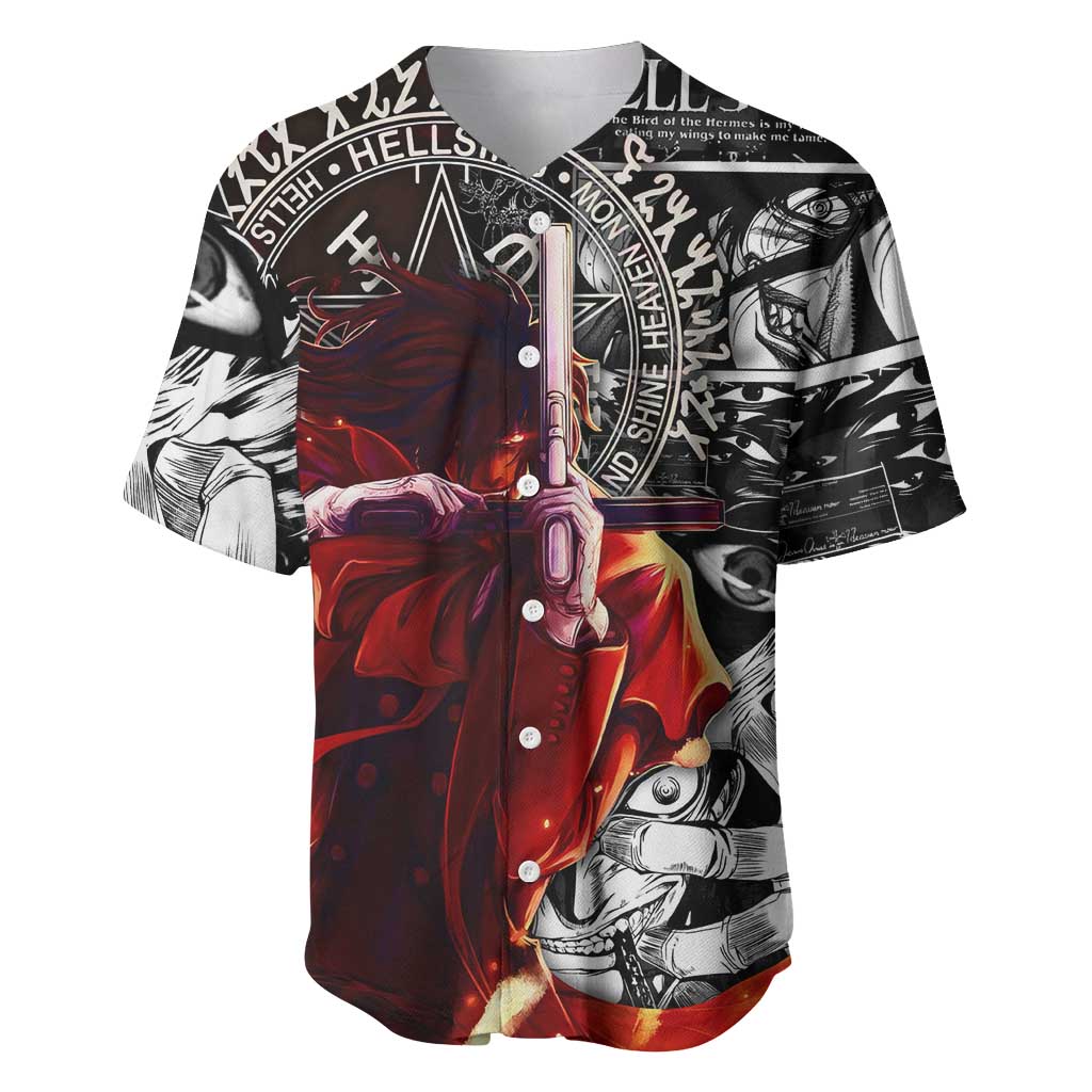 Alucard Hellsing Manga Collage Black and Red Design Baseball Jersey with Gun Pose and Symbolic Silhouettes - The Mazicc