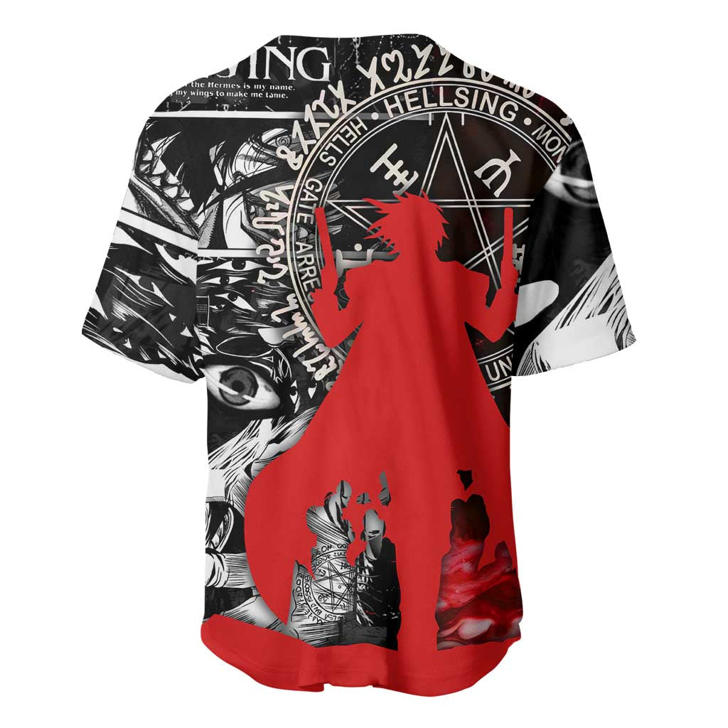 Alucard Hellsing Manga Collage Black and Red Design Baseball Jersey with Gun Pose and Symbolic Silhouettes - The Mazicc