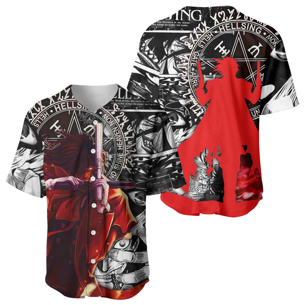 Alucard Hellsing Manga Collage Black and Red Design Baseball Jersey with Gun Pose and Symbolic Silhouettes - The Mazicc