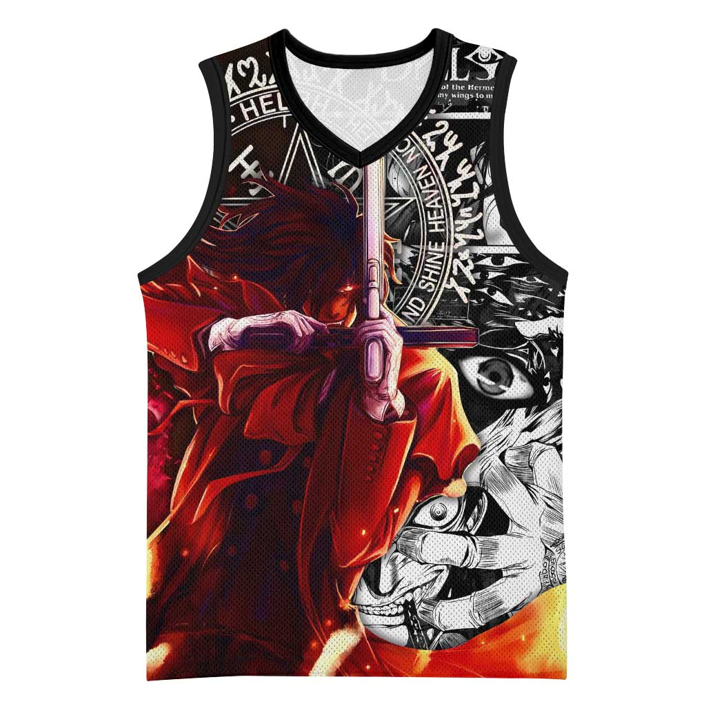 Alucard Hellsing Manga Collage Black and Red Design Basketball Jersey with Gun Pose and Symbolic Silhouettes - The Mazicc