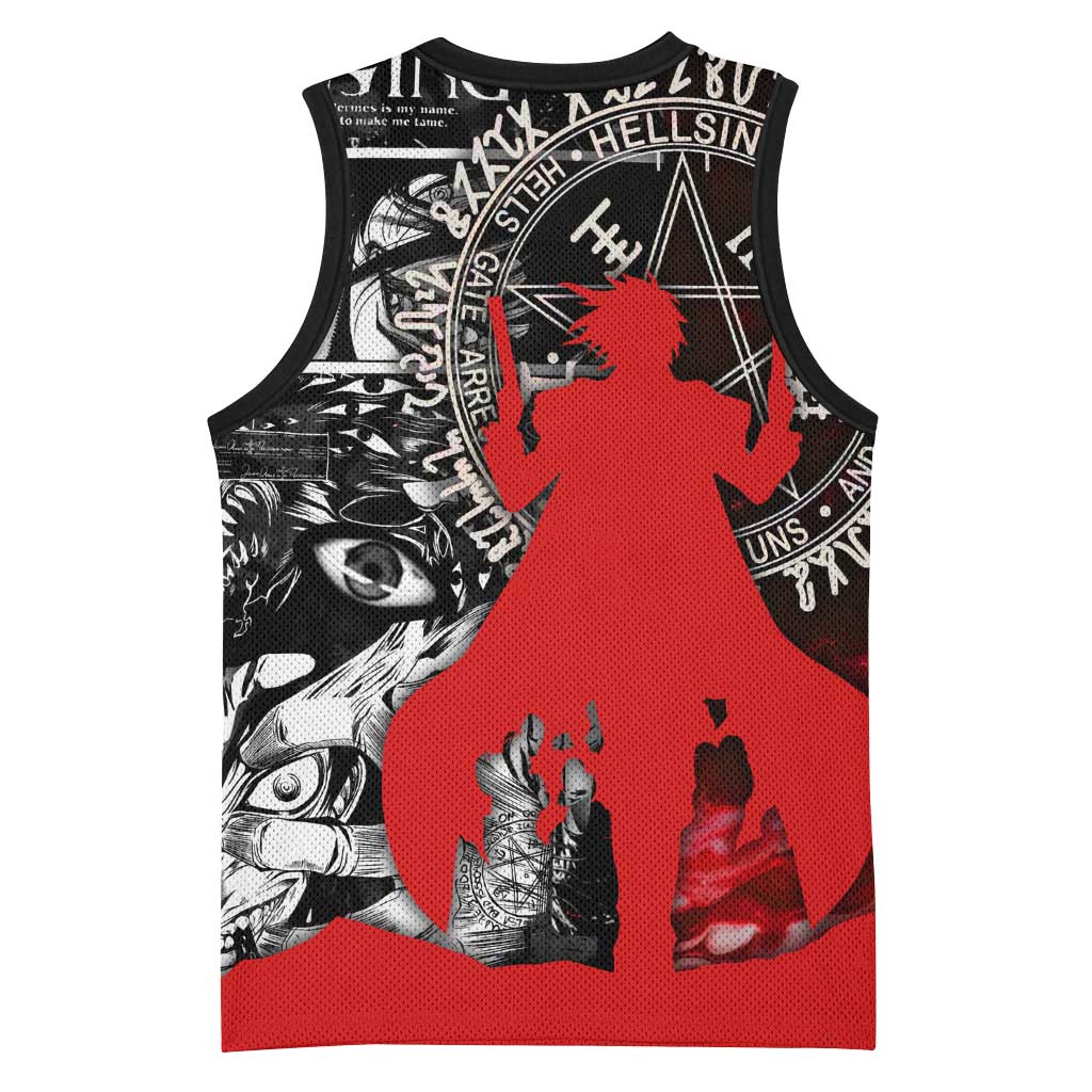Alucard Hellsing Manga Collage Black and Red Design Basketball Jersey with Gun Pose and Symbolic Silhouettes - The Mazicc