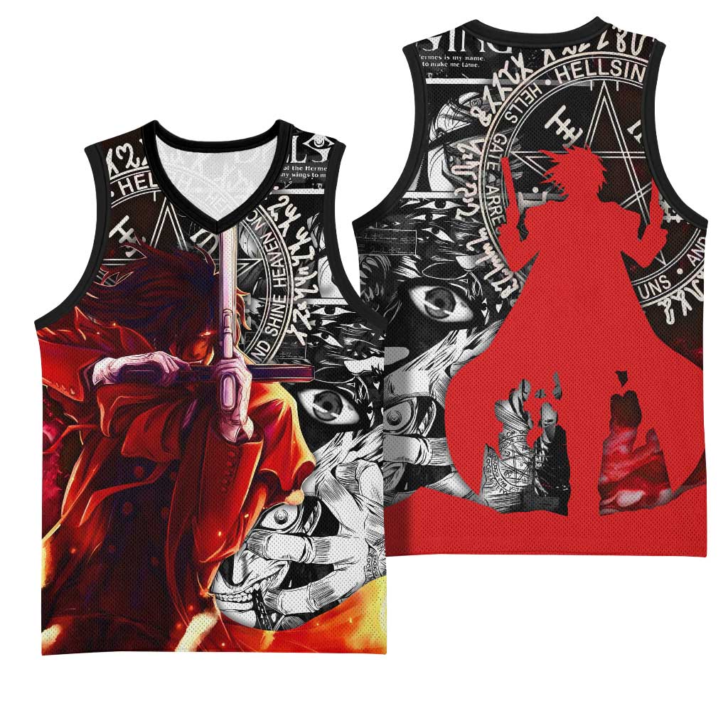 Alucard Hellsing Manga Collage Black and Red Design Basketball Jersey with Gun Pose and Symbolic Silhouettes - The Mazicc