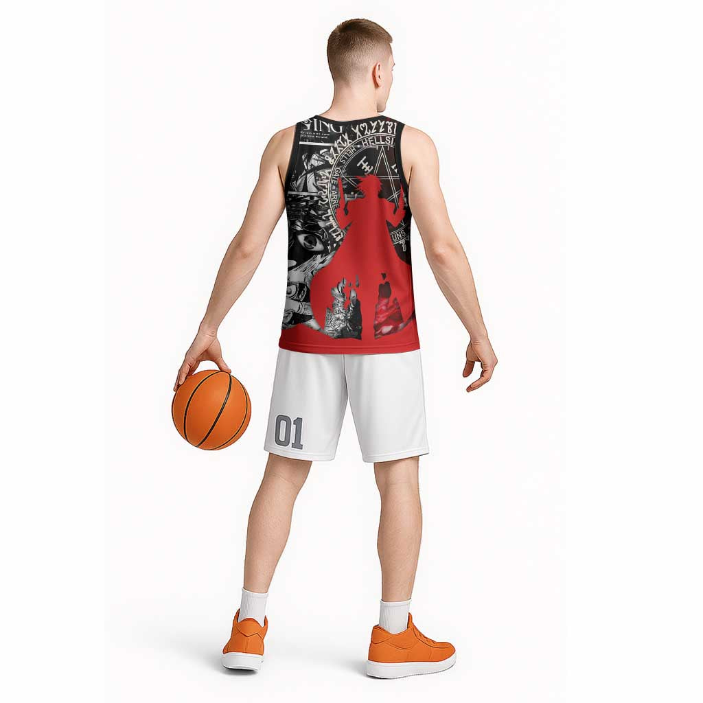 Alucard Hellsing Manga Collage Black and Red Design Basketball Jersey with Gun Pose and Symbolic Silhouettes - The Mazicc