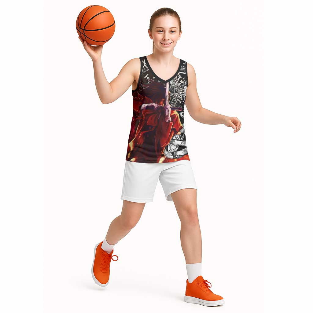 Alucard Hellsing Manga Collage Black and Red Design Basketball Jersey with Gun Pose and Symbolic Silhouettes - The Mazicc