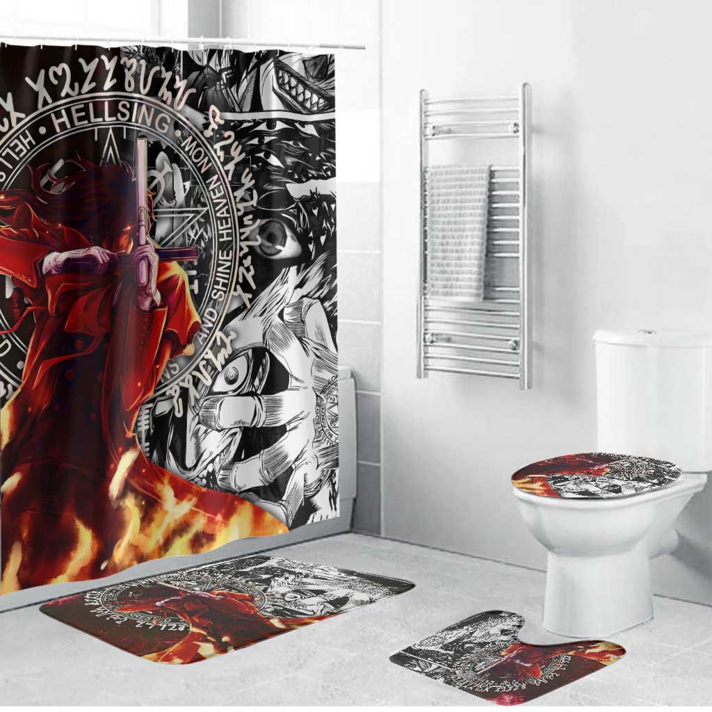 Alucard Hellsing Manga Collage Black and Red Design Bathroom Set with Gun Pose and Symbolic Silhouettes - The Mazicc