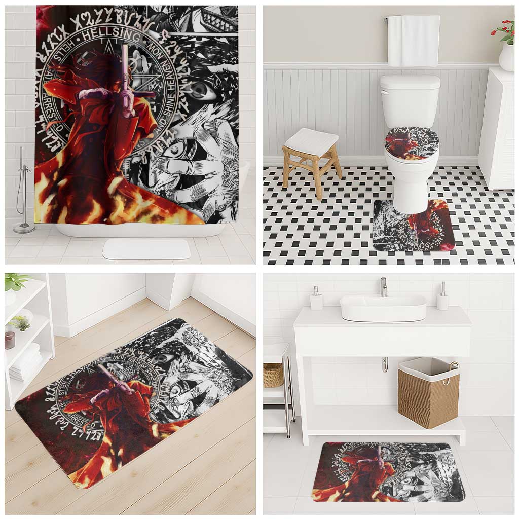 Alucard Hellsing Manga Collage Black and Red Design Bathroom Set with Gun Pose and Symbolic Silhouettes - The Mazicc
