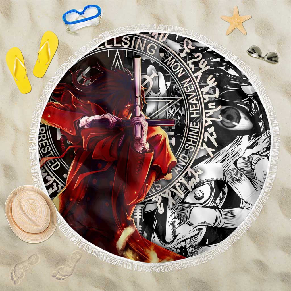 Alucard Hellsing Manga Collage Black and Red Design Beach Blanket with Gun Pose and Symbolic Silhouettes - The Mazicc