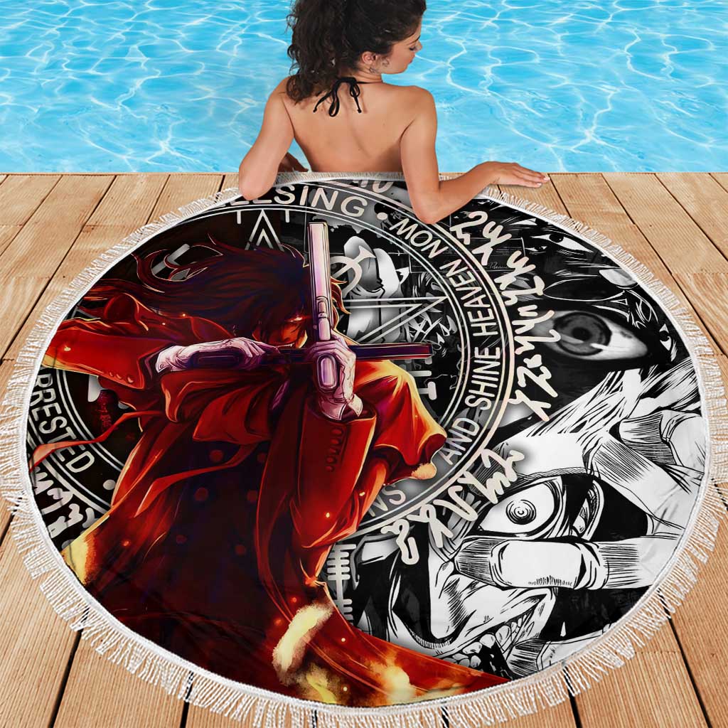 Alucard Hellsing Manga Collage Black and Red Design Beach Blanket with Gun Pose and Symbolic Silhouettes - The Mazicc