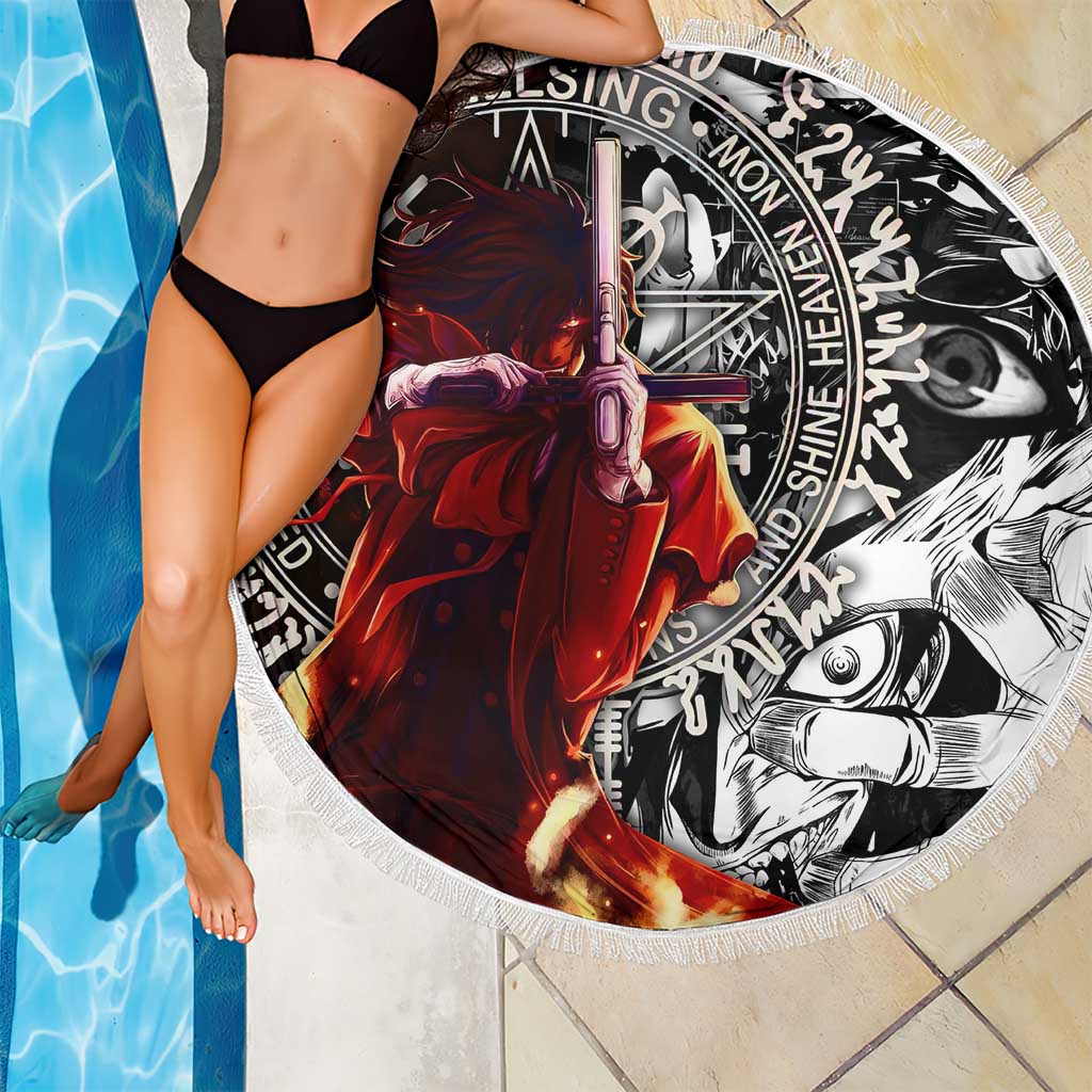 Alucard Hellsing Manga Collage Black and Red Design Beach Blanket with Gun Pose and Symbolic Silhouettes - The Mazicc