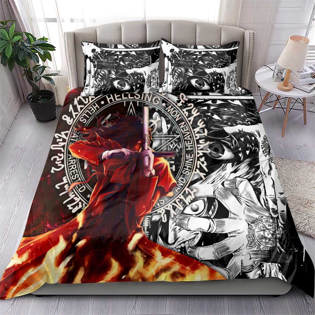 Alucard Hellsing Manga Collage Black and Red Design Bedding Set with Gun Pose and Symbolic Silhouettes - The Mazicc