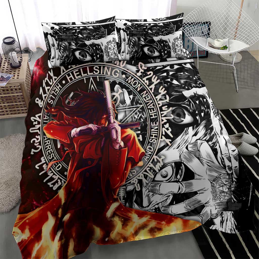 Alucard Hellsing Manga Collage Black and Red Design Bedding Set with Gun Pose and Symbolic Silhouettes - The Mazicc