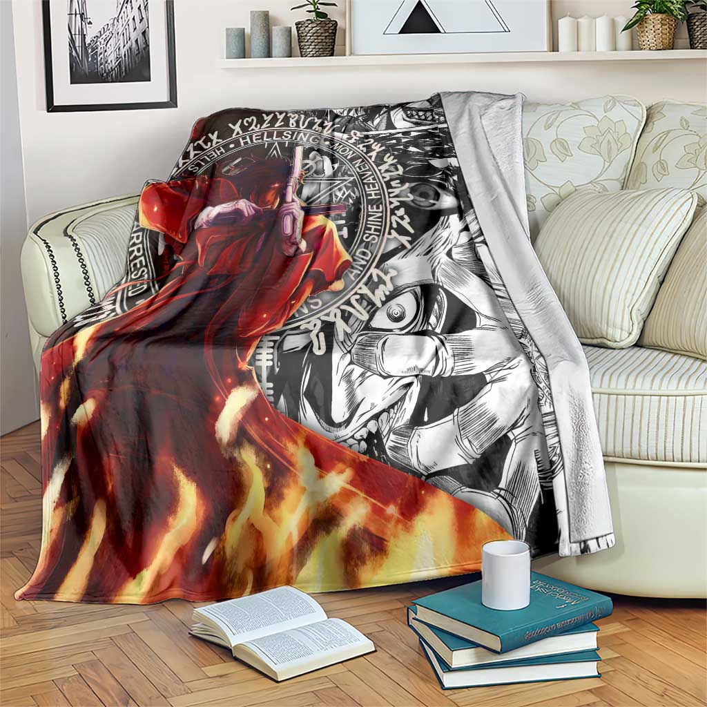 Alucard Hellsing Manga Collage Black and Red Design Blanket with Gun Pose and Symbolic Silhouettes - The Mazicc