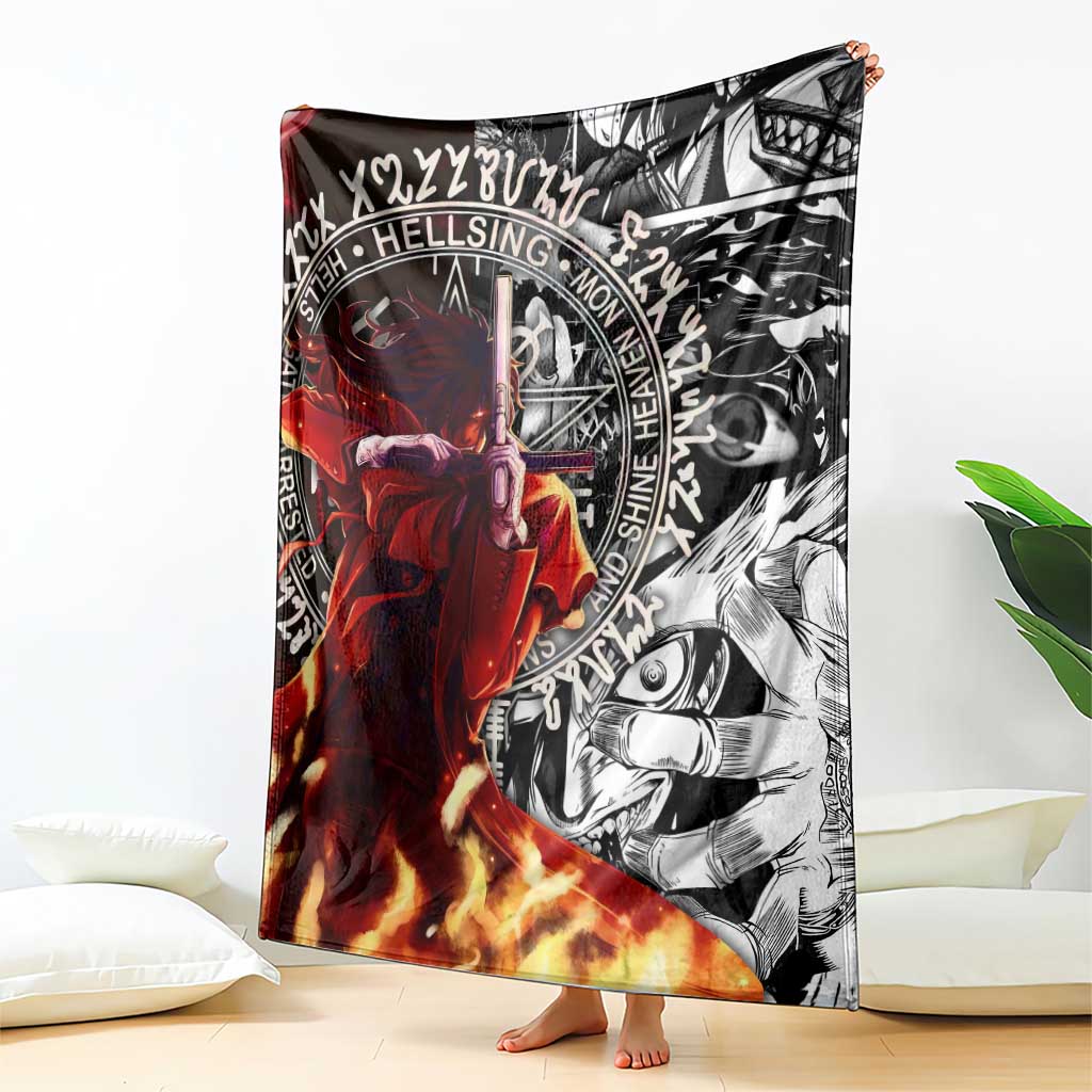 Alucard Hellsing Manga Collage Black and Red Design Blanket with Gun Pose and Symbolic Silhouettes - The Mazicc