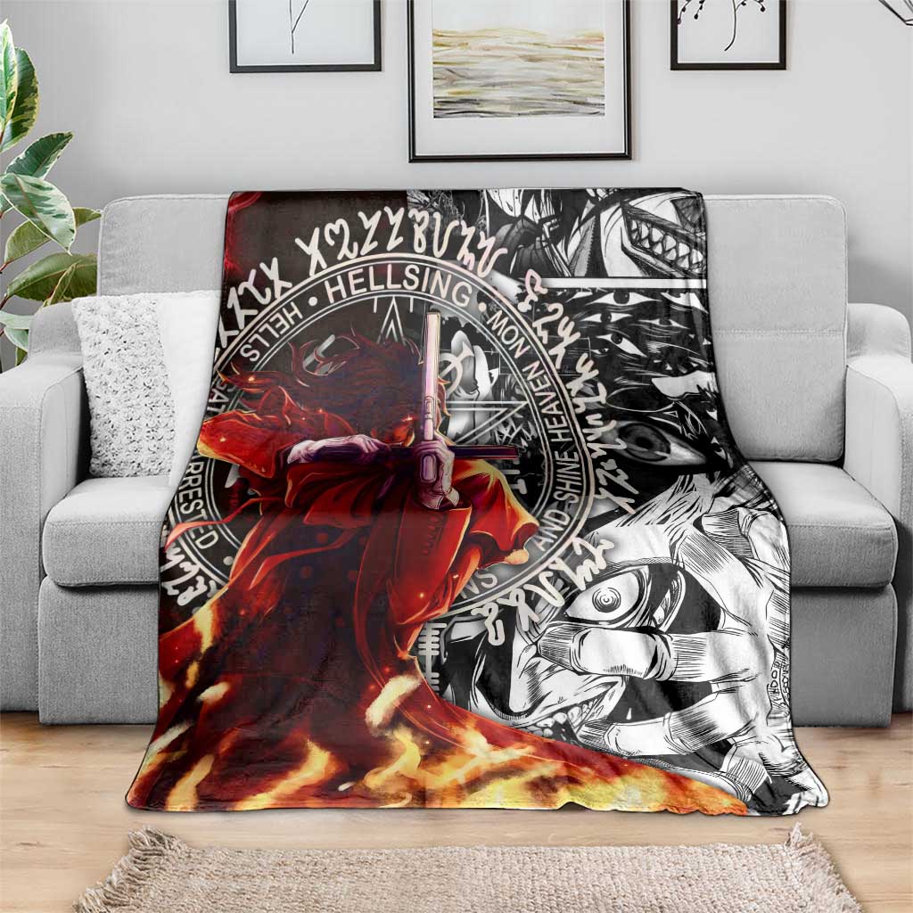 Alucard Hellsing Manga Collage Black and Red Design Blanket with Gun Pose and Symbolic Silhouettes - The Mazicc