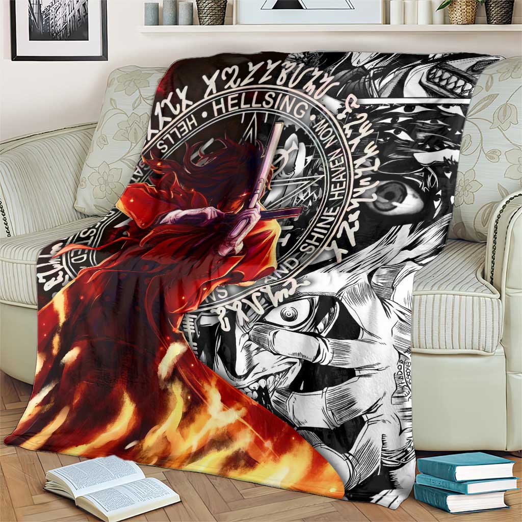 Alucard Hellsing Manga Collage Black and Red Design Blanket with Gun Pose and Symbolic Silhouettes - The Mazicc
