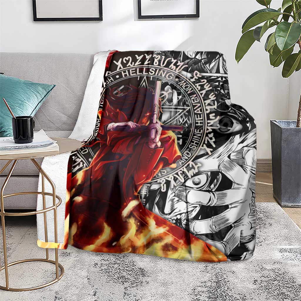 Alucard Hellsing Manga Collage Black and Red Design Blanket with Gun Pose and Symbolic Silhouettes - The Mazicc