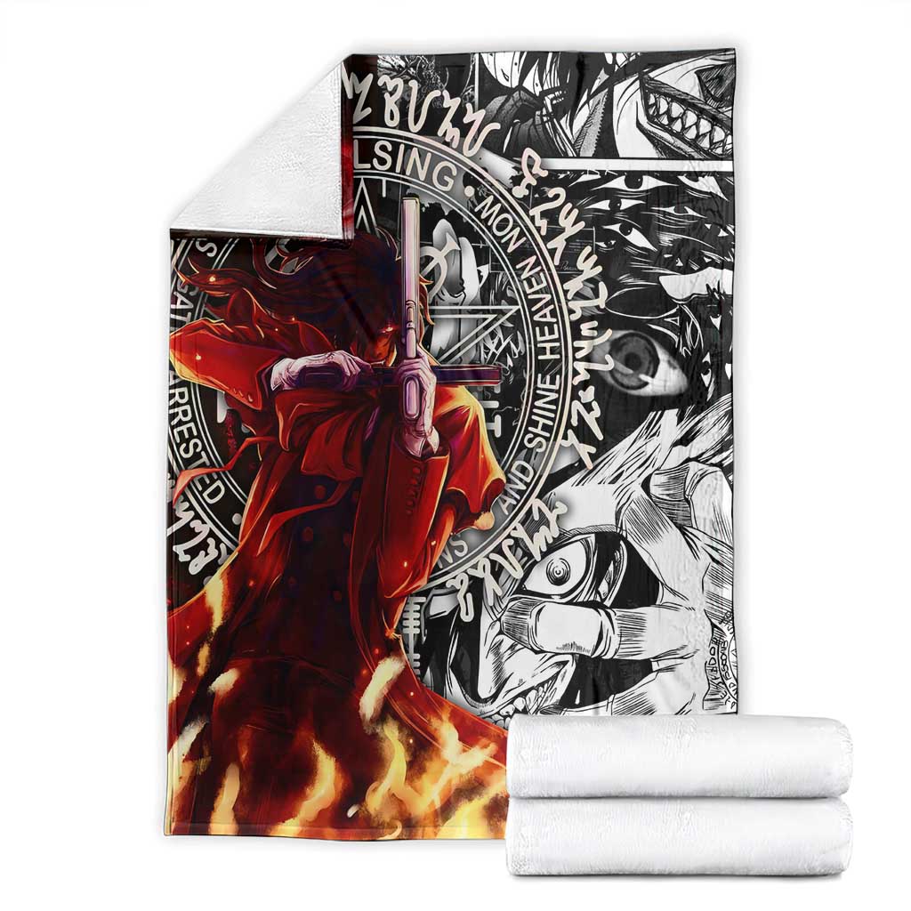 Alucard Hellsing Manga Collage Black and Red Design Blanket with Gun Pose and Symbolic Silhouettes - The Mazicc
