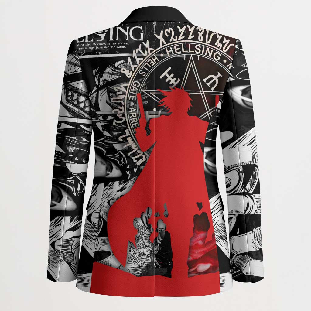 Alucard Hellsing Manga Collage Black and Red Design Blazer with Gun Pose and Symbolic Silhouettes - The Mazicc