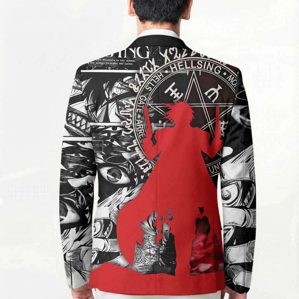 Alucard Hellsing Manga Collage Black and Red Design Blazer with Gun Pose and Symbolic Silhouettes - The Mazicc