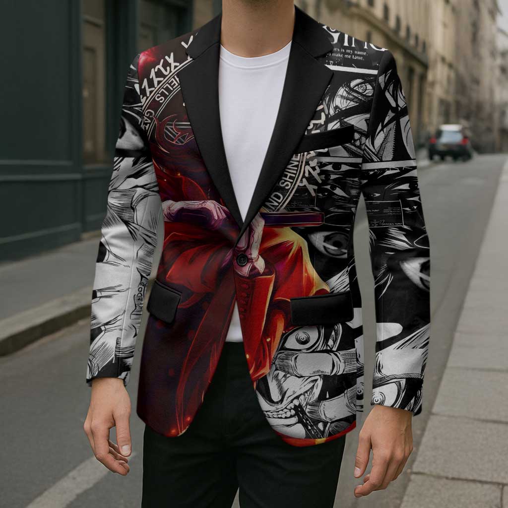 Alucard Hellsing Manga Collage Black and Red Design Blazer with Gun Pose and Symbolic Silhouettes - The Mazicc