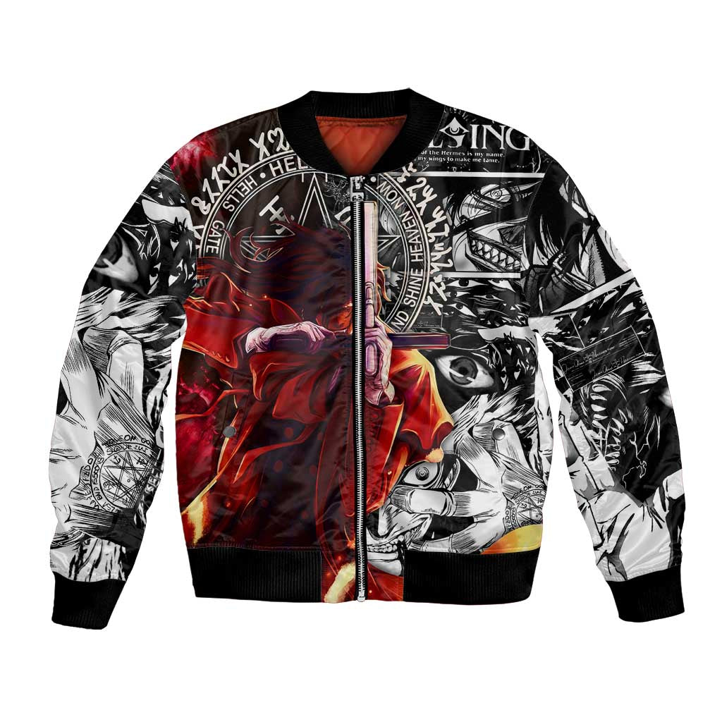 Alucard Hellsing Manga Collage Black and Red Design Bomber Jacket with Gun Pose and Symbolic Silhouettes - The Mazicc