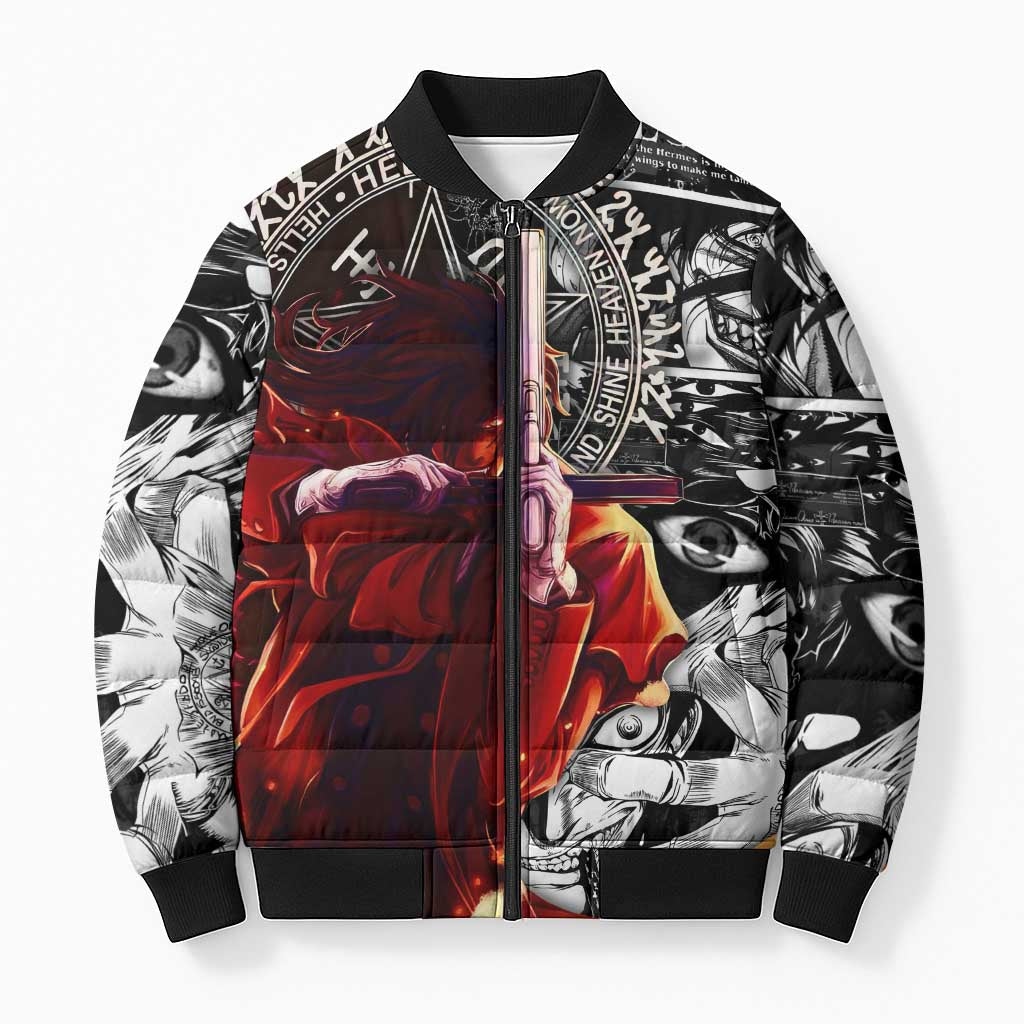 Alucard Hellsing Manga Collage Black and Red Design Bomber Puffer Jacket with Gun Pose and Symbolic Silhouettes - The Mazicc