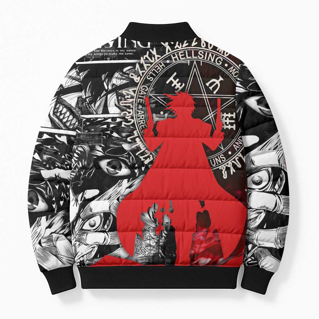Alucard Hellsing Manga Collage Black and Red Design Bomber Puffer Jacket with Gun Pose and Symbolic Silhouettes - The Mazicc