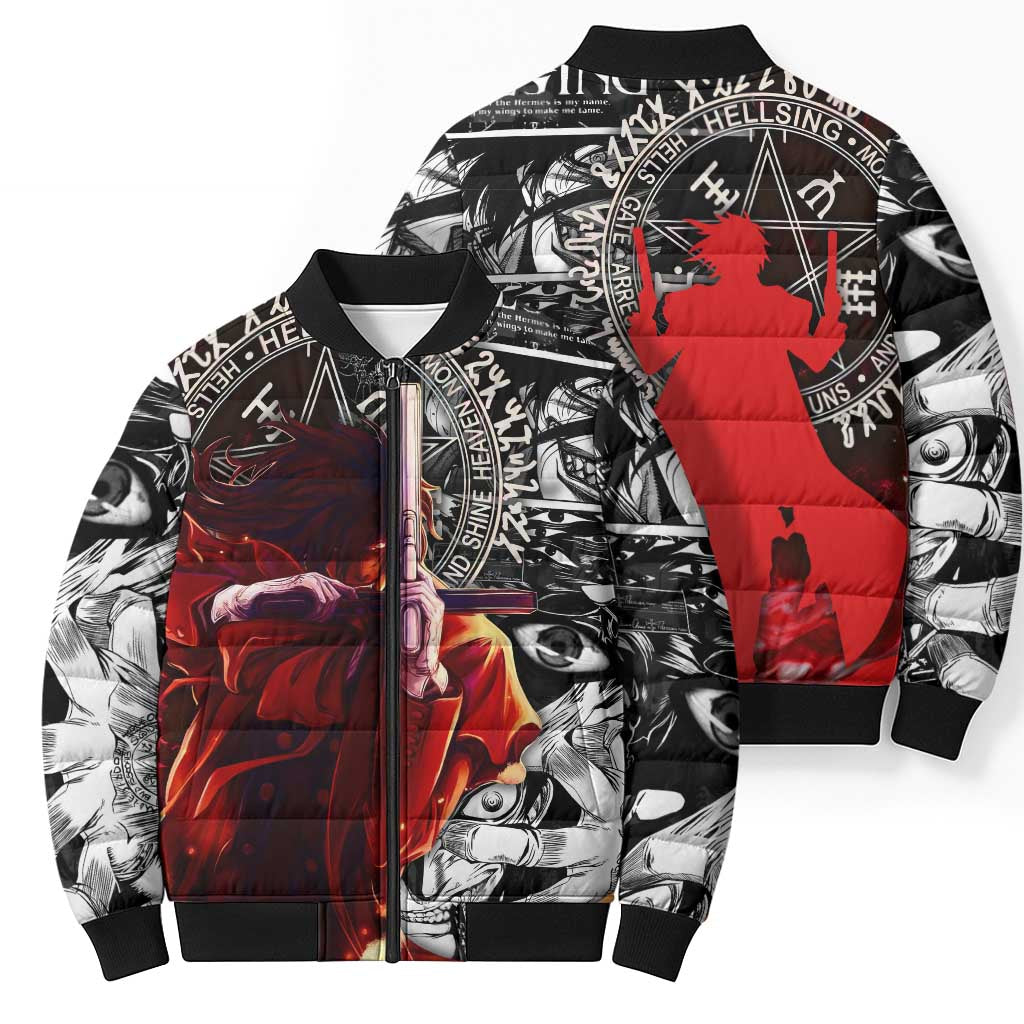 Alucard Hellsing Manga Collage Black and Red Design Bomber Puffer Jacket with Gun Pose and Symbolic Silhouettes - The Mazicc