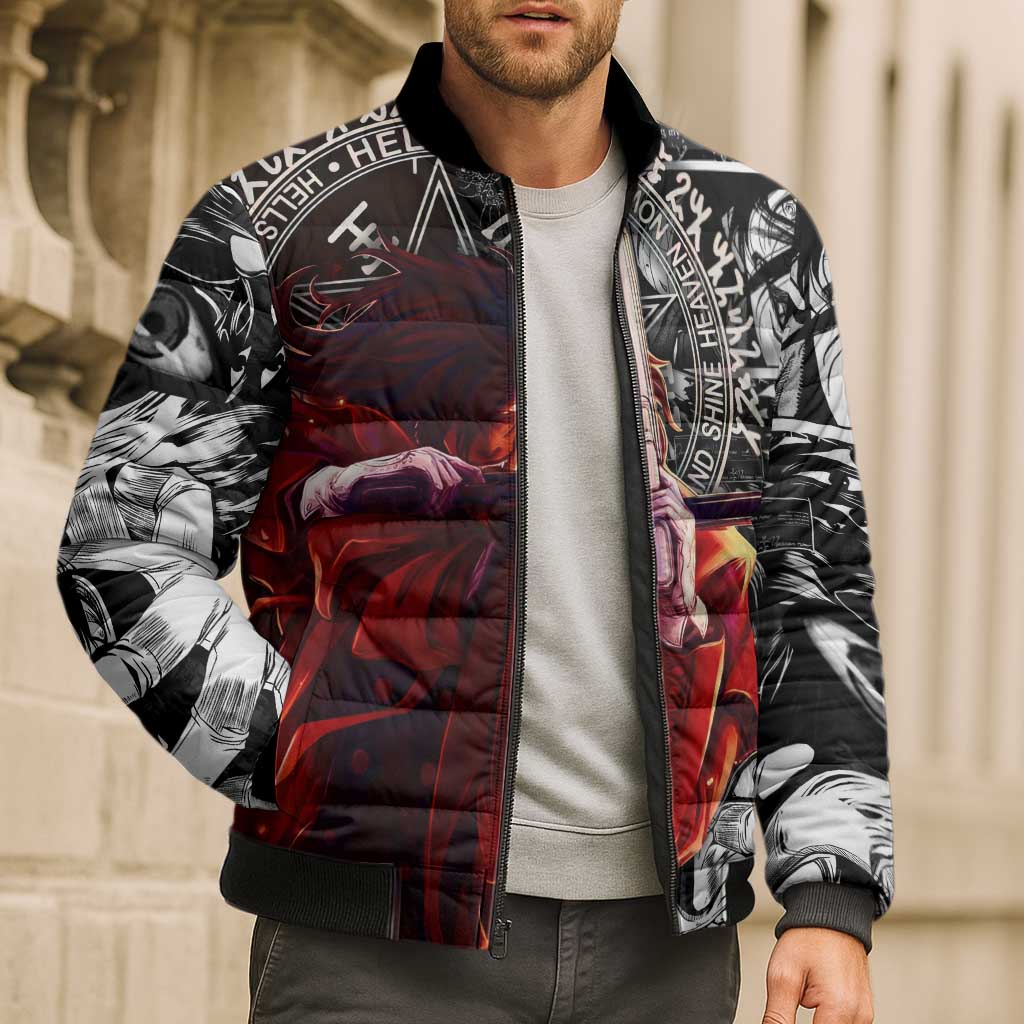 Alucard Hellsing Manga Collage Black and Red Design Bomber Puffer Jacket with Gun Pose and Symbolic Silhouettes - The Mazicc