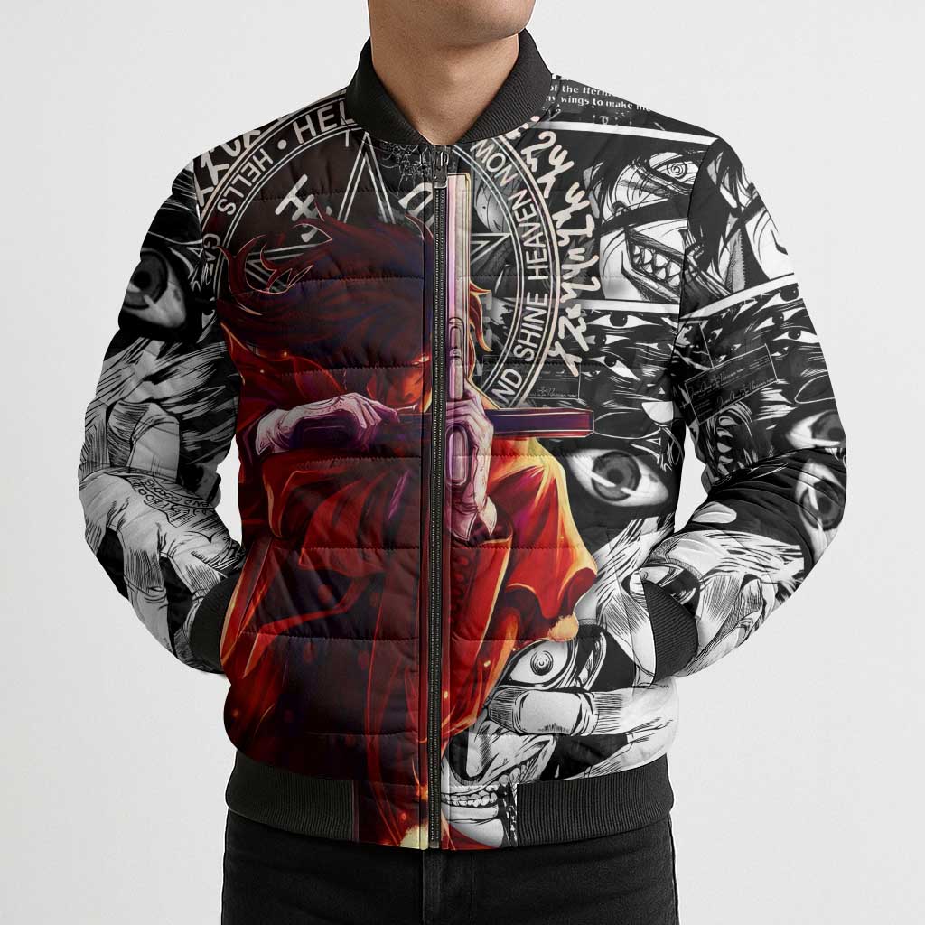Alucard Hellsing Manga Collage Black and Red Design Bomber Puffer Jacket with Gun Pose and Symbolic Silhouettes - The Mazicc