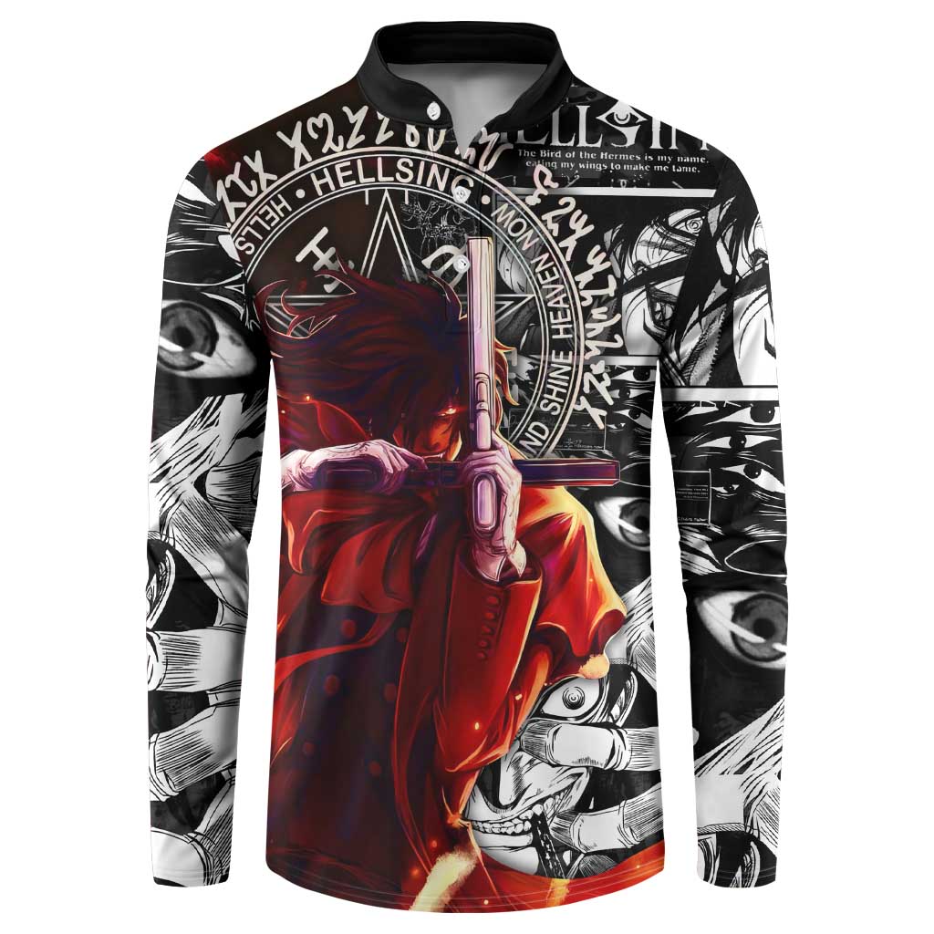 Alucard Hellsing Manga Collage Black and Red Design Button Sweatshirt with Gun Pose and Symbolic Silhouettes - The Mazicc