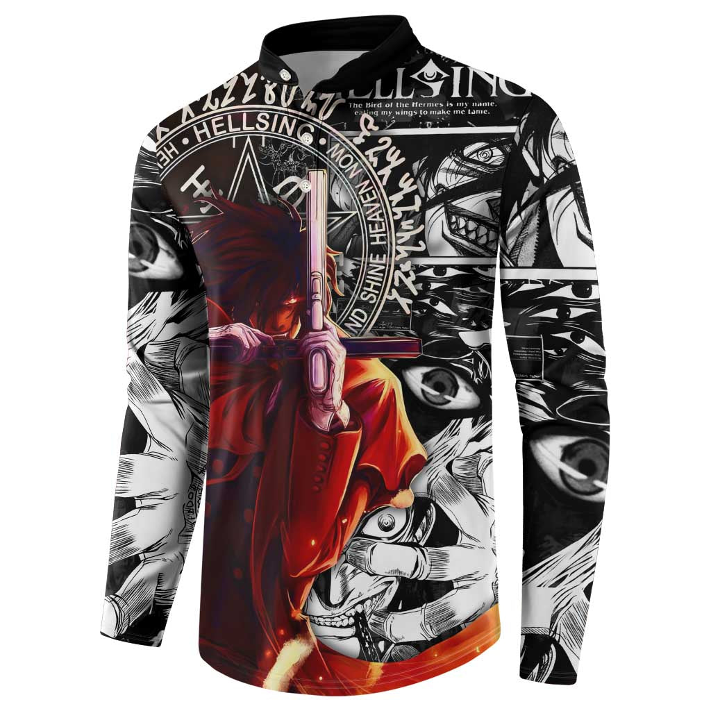 Alucard Hellsing Manga Collage Black and Red Design Button Sweatshirt with Gun Pose and Symbolic Silhouettes - The Mazicc