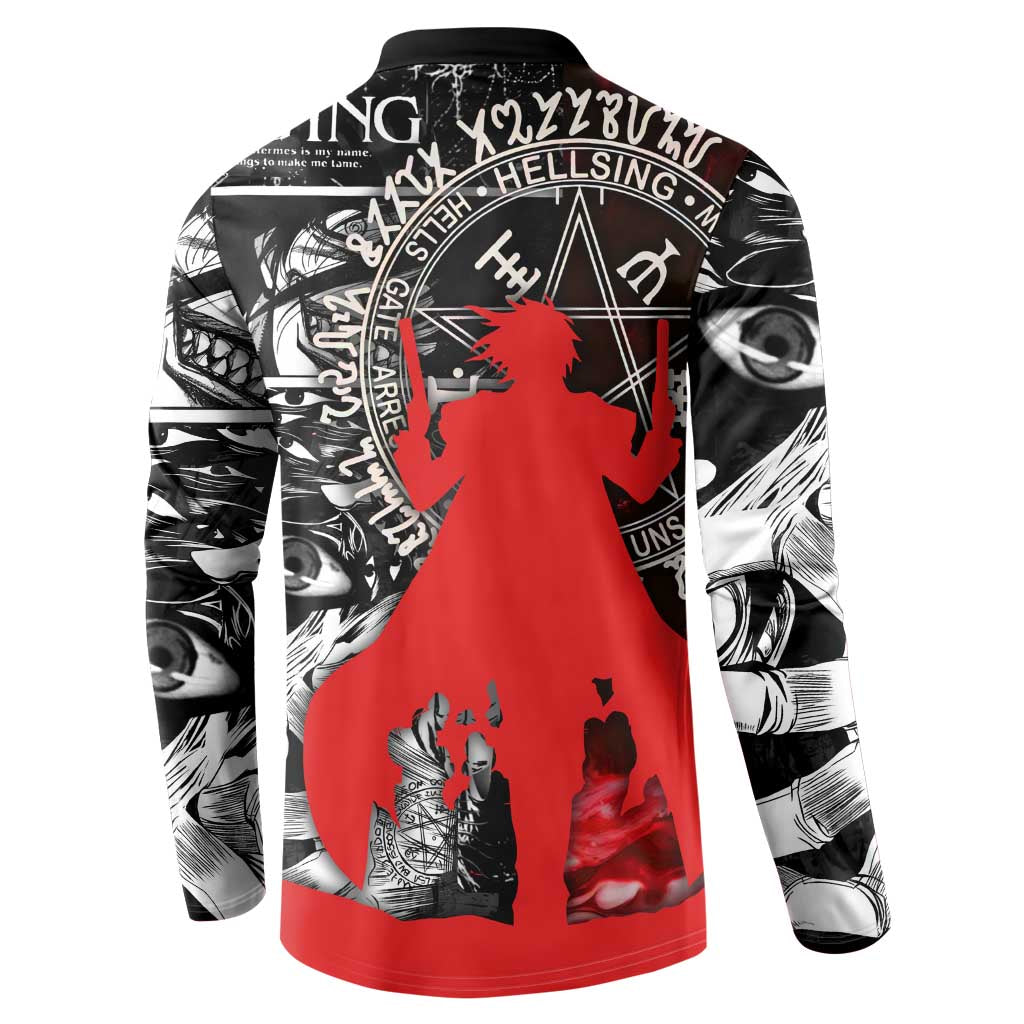 Alucard Hellsing Manga Collage Black and Red Design Button Sweatshirt with Gun Pose and Symbolic Silhouettes - The Mazicc