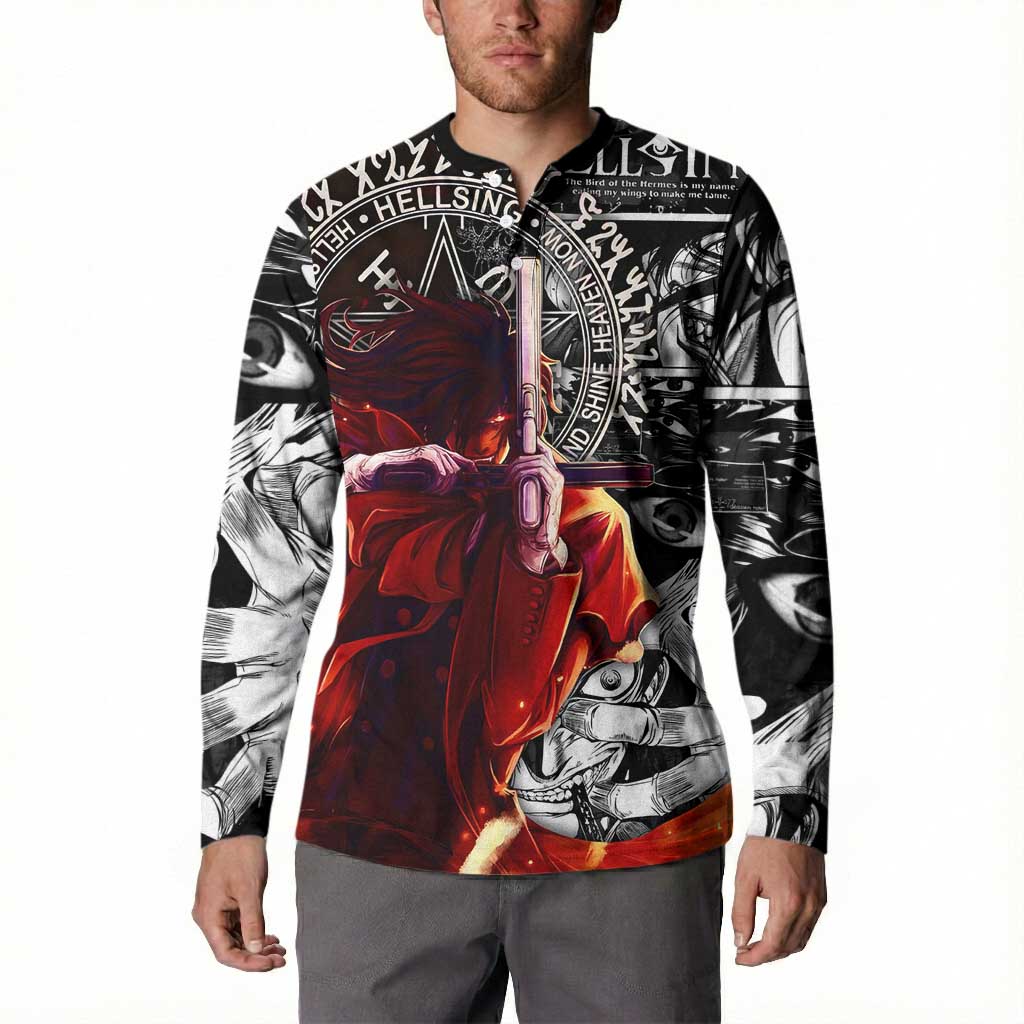Alucard Hellsing Manga Collage Black and Red Design Button Sweatshirt with Gun Pose and Symbolic Silhouettes - The Mazicc