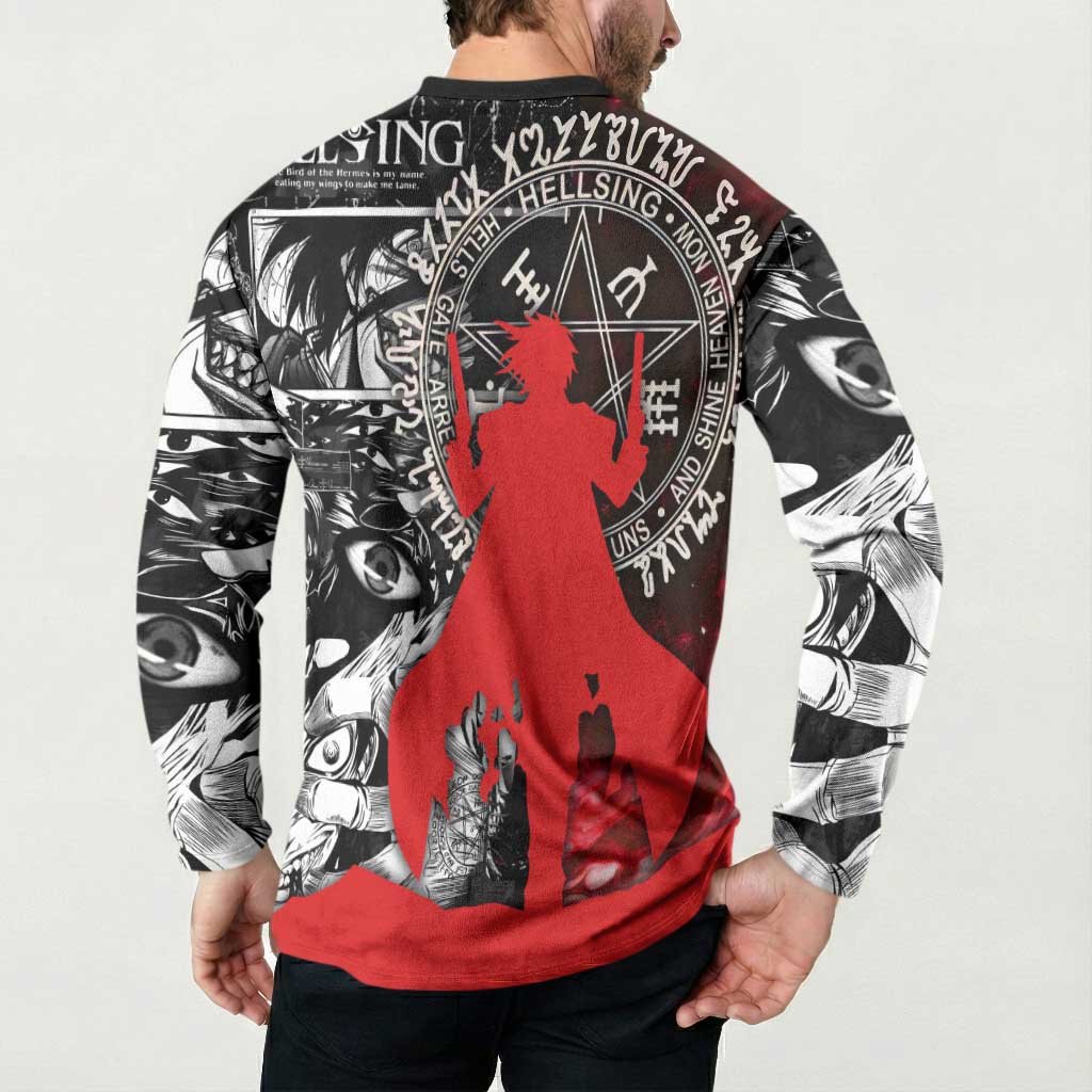Alucard Hellsing Manga Collage Black and Red Design Button Sweatshirt with Gun Pose and Symbolic Silhouettes - The Mazicc