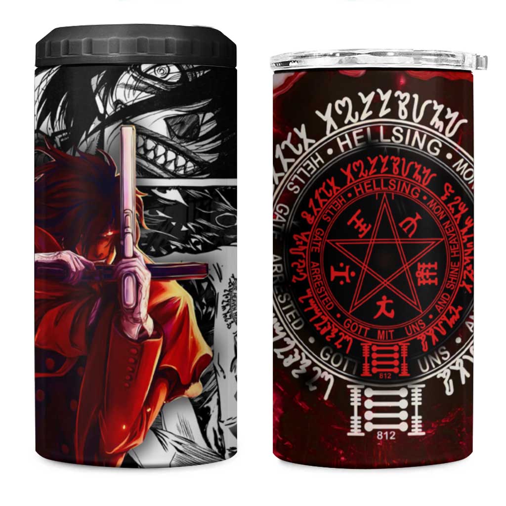 Alucard Hellsing Manga Collage Black and Red Design 4 in 1 Can Cooler Tumbler with Gun Pose and Symbolic Silhouettes - The Mazicc