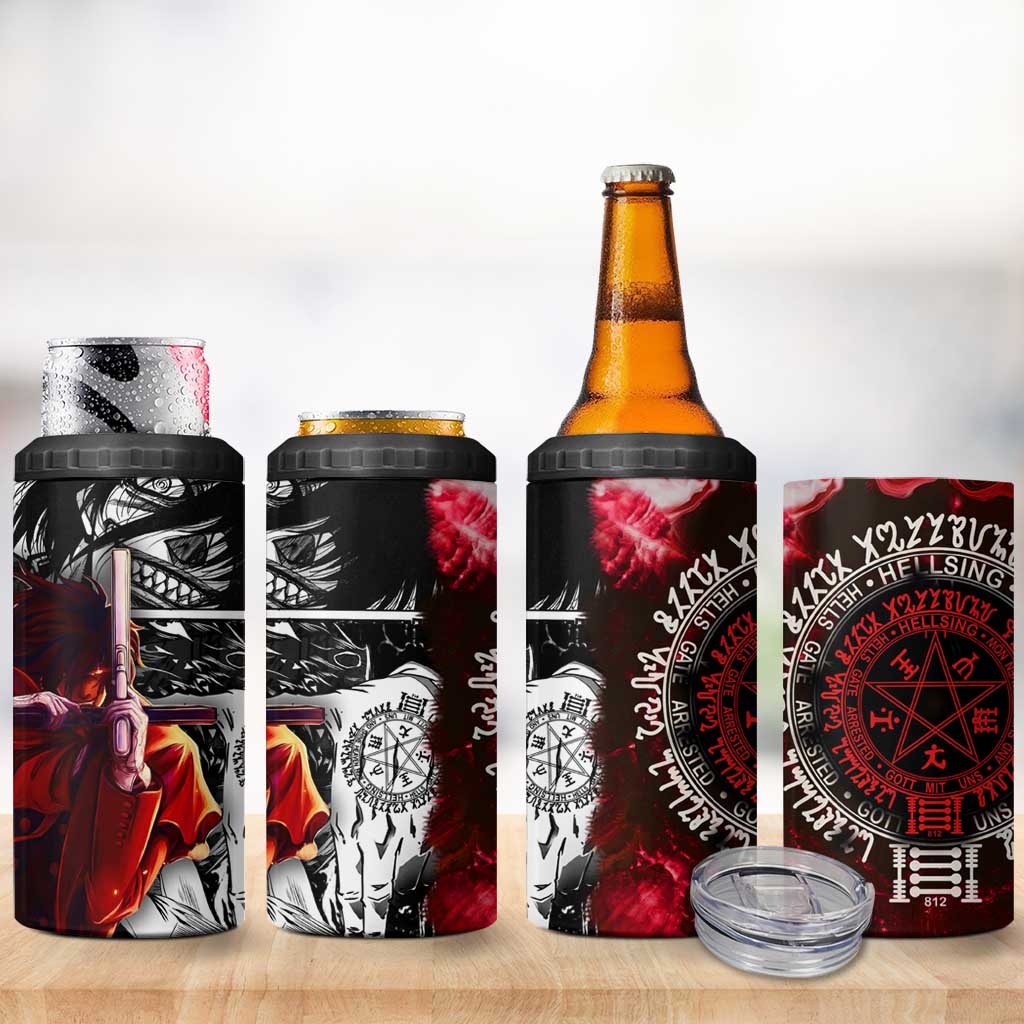 Alucard Hellsing Manga Collage Black and Red Design 4 in 1 Can Cooler Tumbler with Gun Pose and Symbolic Silhouettes - The Mazicc