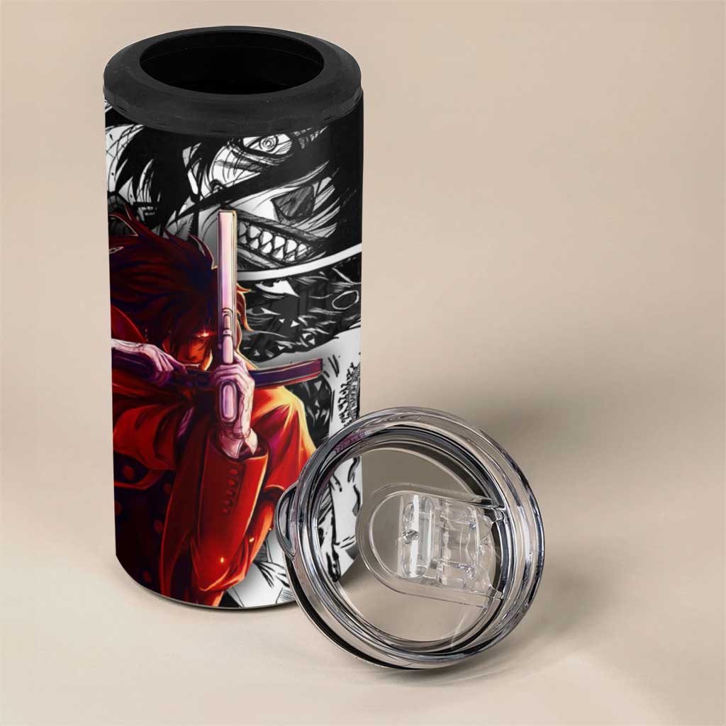 Alucard Hellsing Manga Collage Black and Red Design 4 in 1 Can Cooler Tumbler with Gun Pose and Symbolic Silhouettes - The Mazicc