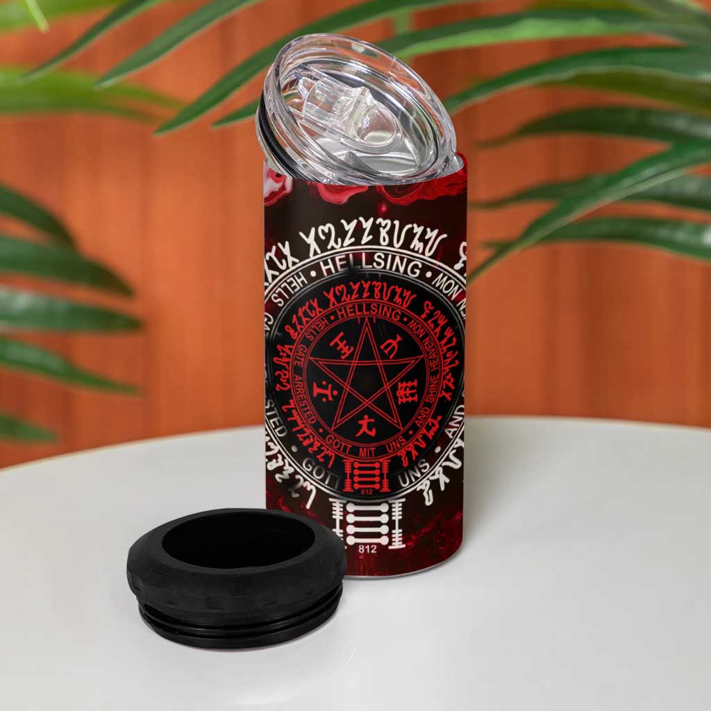 Alucard Hellsing Manga Collage Black and Red Design 4 in 1 Can Cooler Tumbler with Gun Pose and Symbolic Silhouettes - The Mazicc