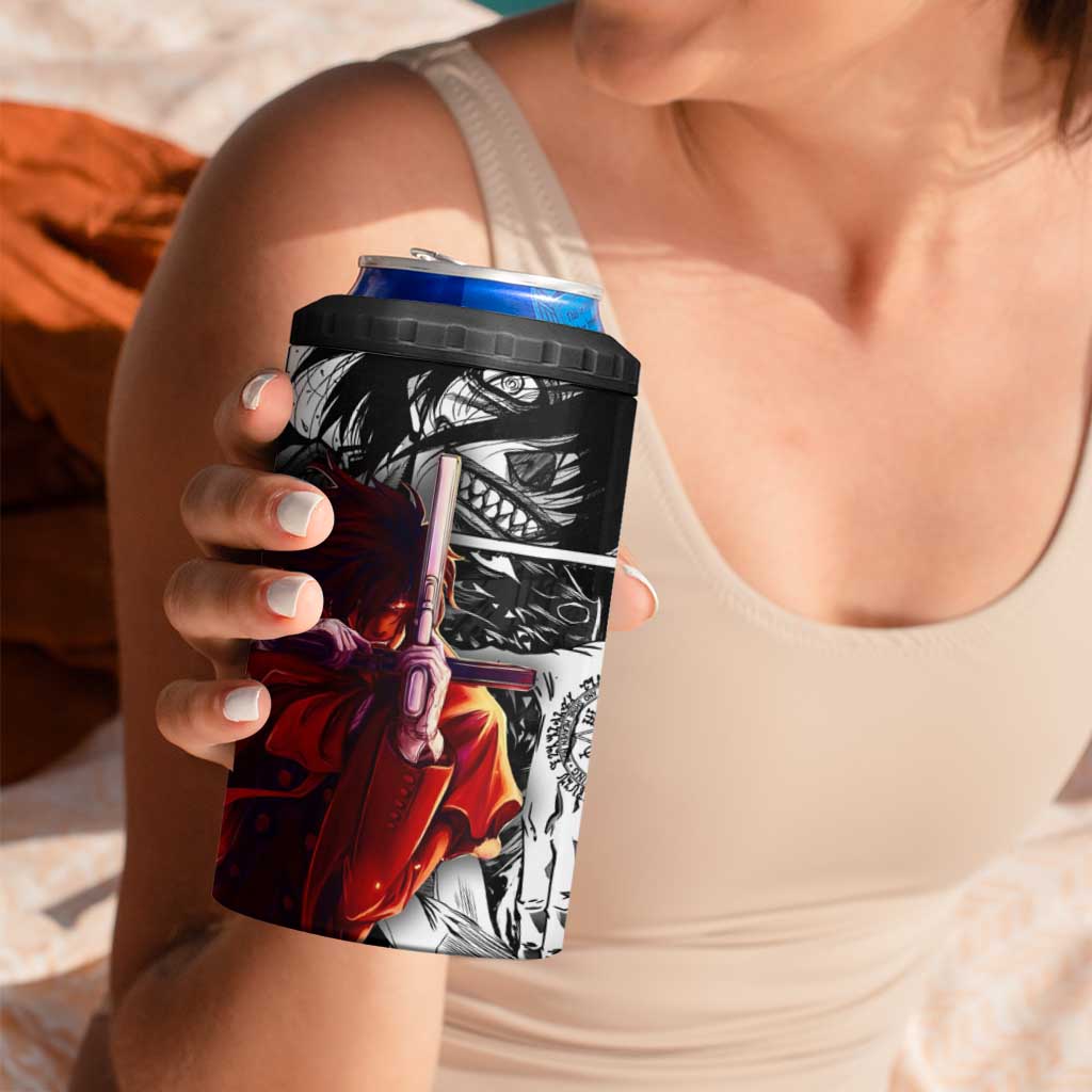 Alucard Hellsing Manga Collage Black and Red Design 4 in 1 Can Cooler Tumbler with Gun Pose and Symbolic Silhouettes - The Mazicc