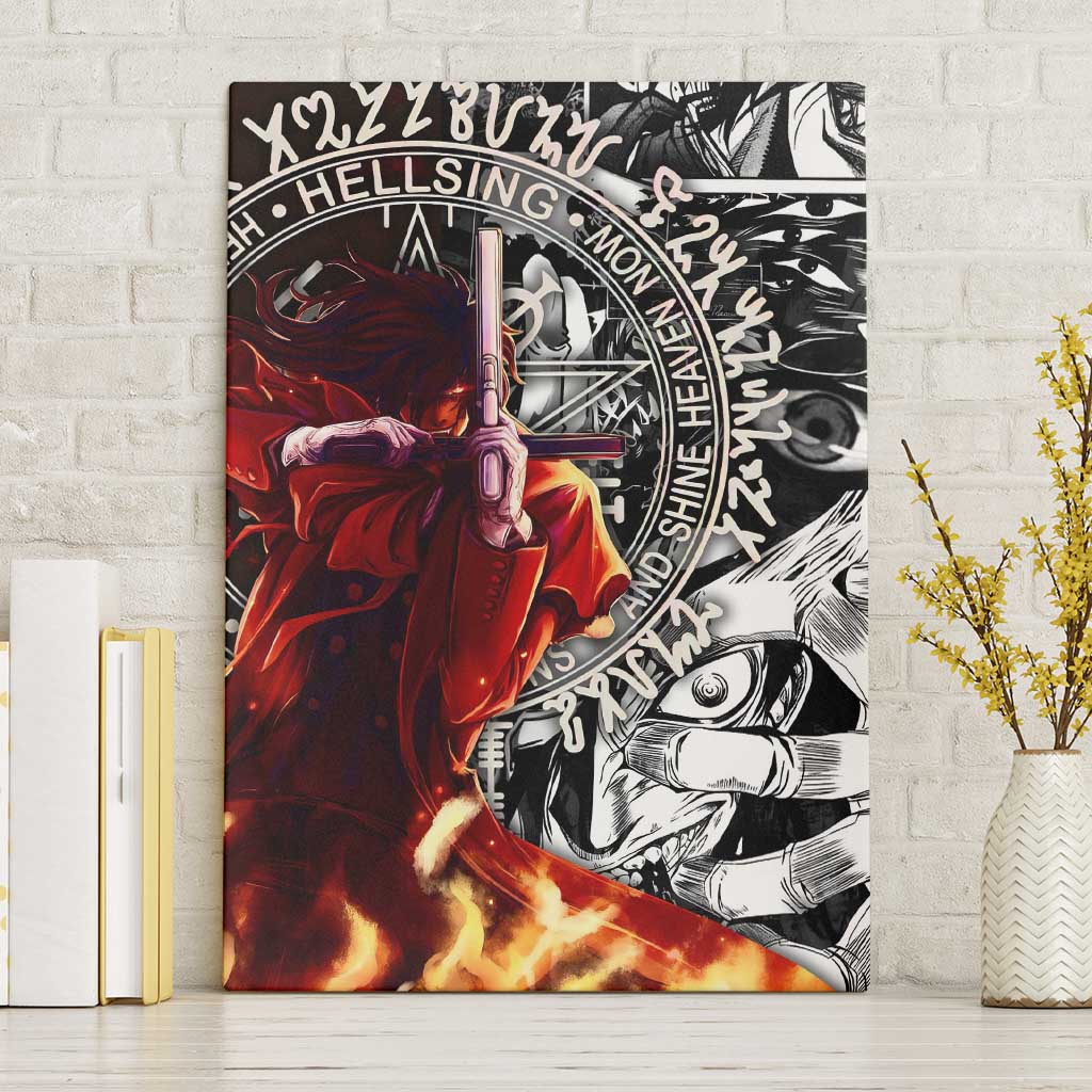 Alucard Hellsing Manga Collage Black and Red Design Canvas Wall Art with Gun Pose and Symbolic Silhouettes - The Mazicc