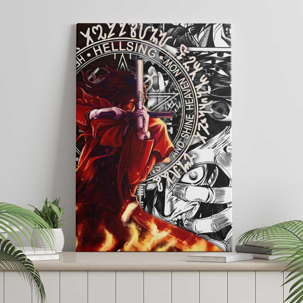Alucard Hellsing Manga Collage Black and Red Design Canvas Wall Art with Gun Pose and Symbolic Silhouettes - The Mazicc