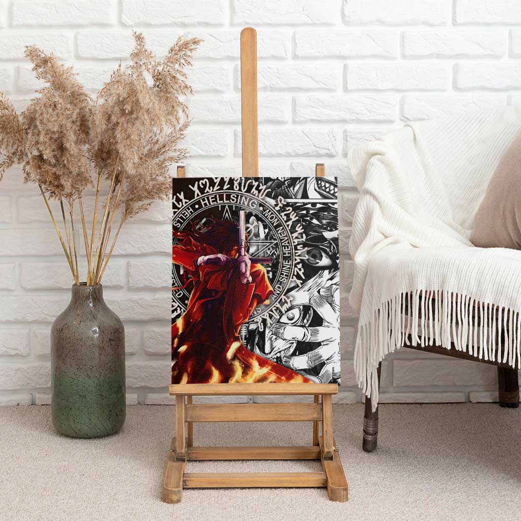 Alucard Hellsing Manga Collage Black and Red Design Canvas Wall Art with Gun Pose and Symbolic Silhouettes - The Mazicc