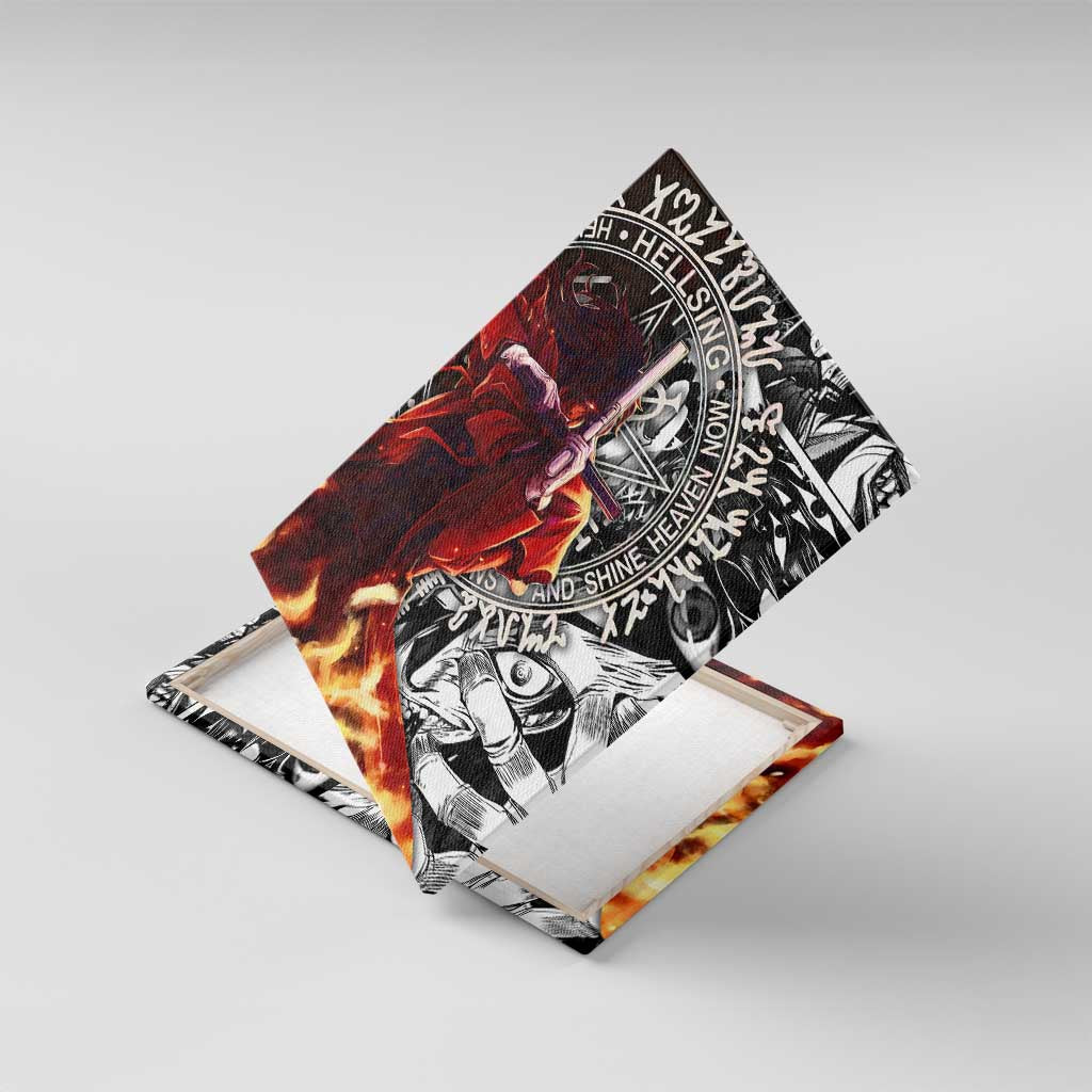 Alucard Hellsing Manga Collage Black and Red Design Canvas Wall Art with Gun Pose and Symbolic Silhouettes - The Mazicc