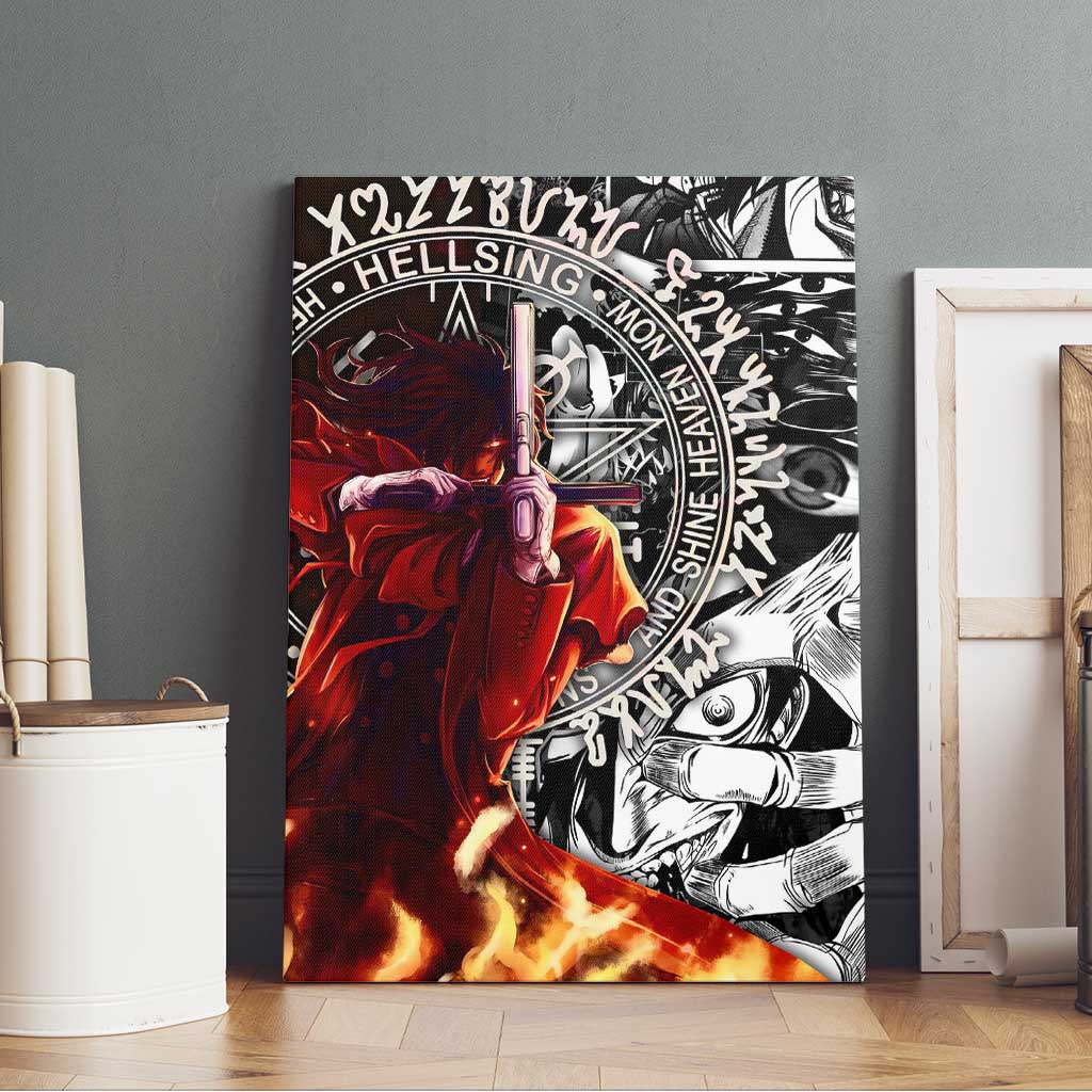 Alucard Hellsing Manga Collage Black and Red Design Canvas Wall Art with Gun Pose and Symbolic Silhouettes - The Mazicc