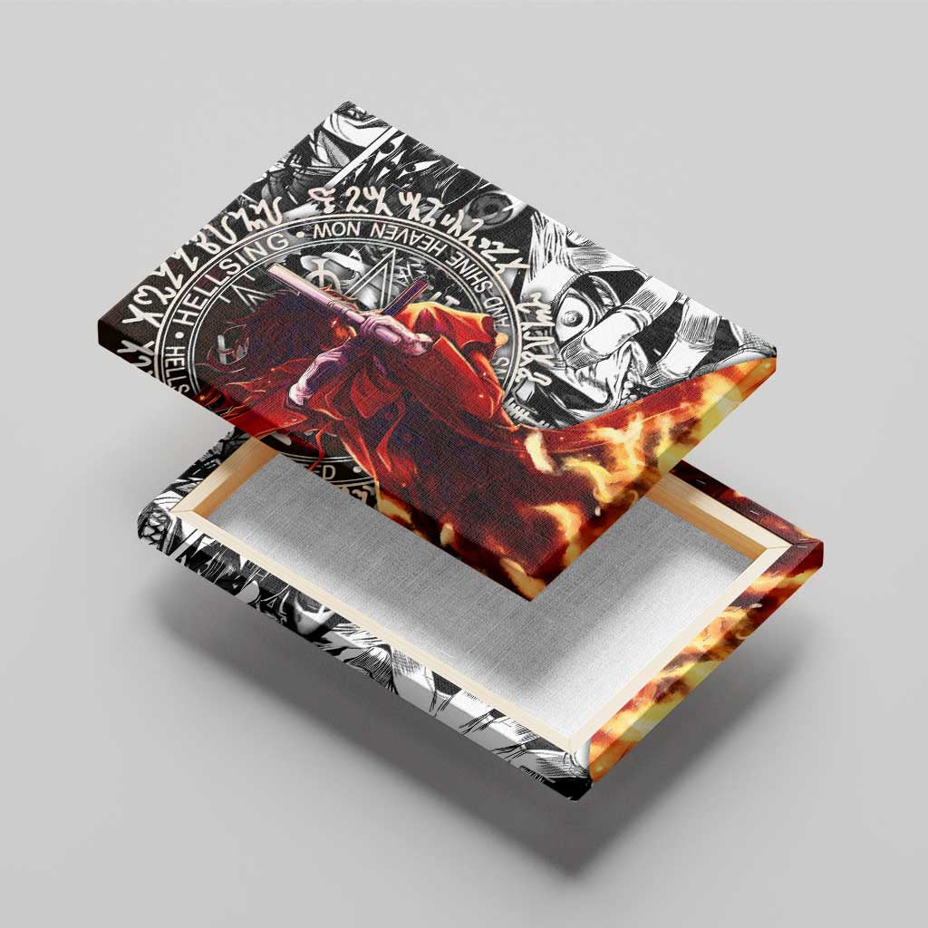Alucard Hellsing Manga Collage Black and Red Design Canvas Wall Art with Gun Pose and Symbolic Silhouettes - The Mazicc